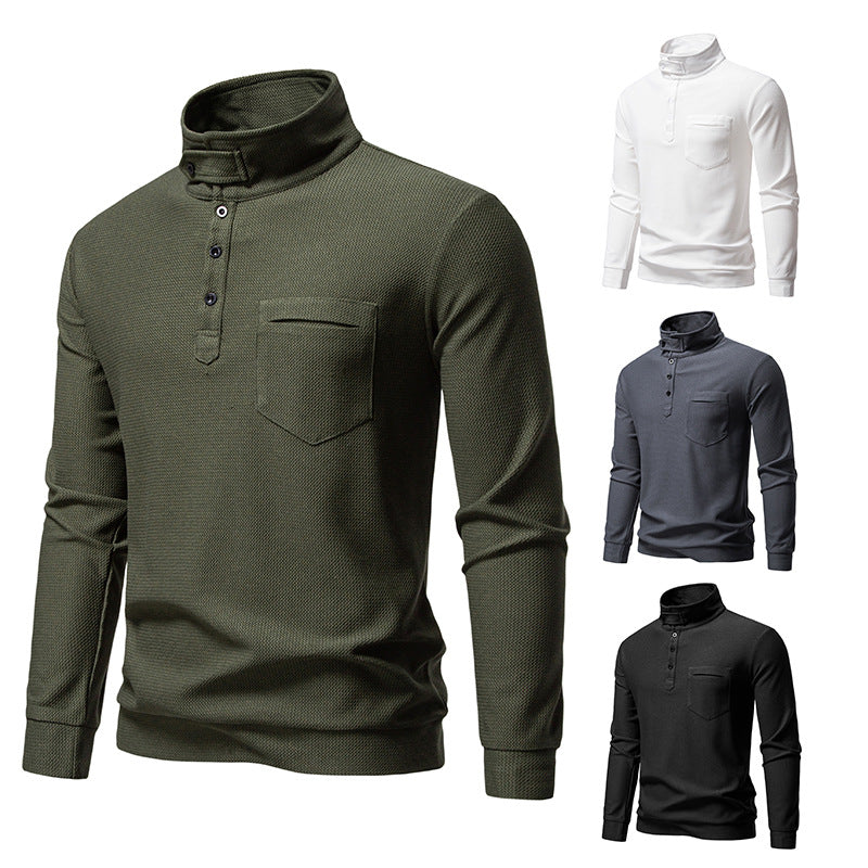 Men's Textured Waffle Knit Henley Shirt with High Collar, Button Placket and Chest Pocket Chichicherry