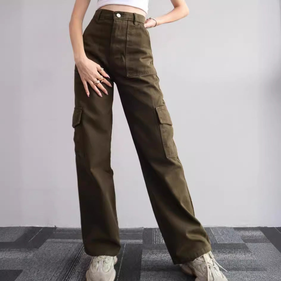 Damen Cargohose mit hoher Taille, geradem Bein und aufgesetzten Pattentaschen Chichicherry
