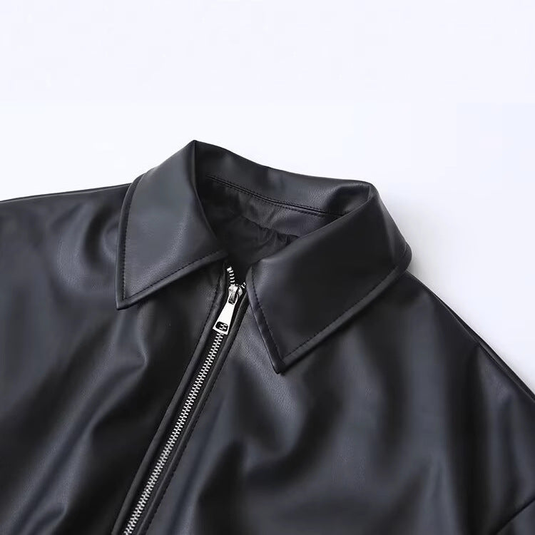 Women's Oversize Faux Leather Bomber Jacket with Zipper, Elastic Hem and Flap Pockets Chichicherry