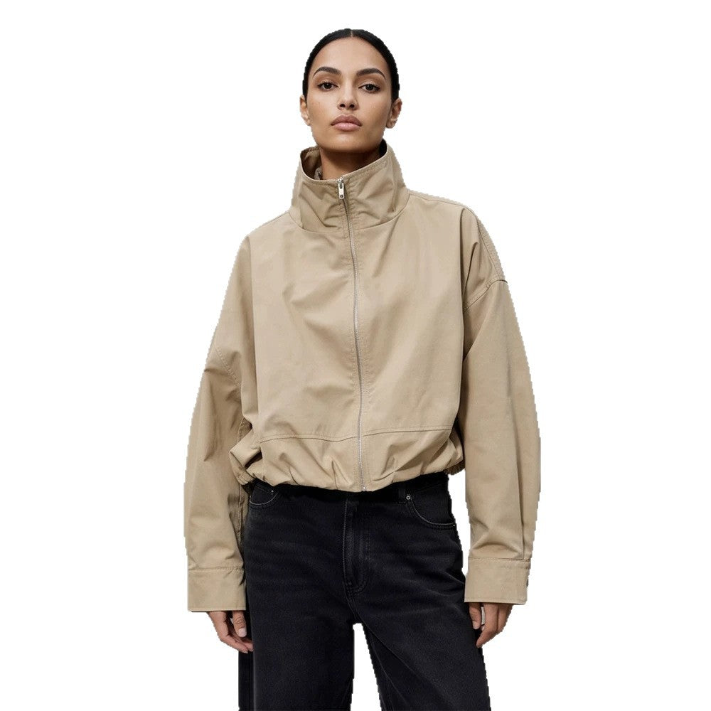 Women's Boxy-Cropped Windbreaker Jacket with High Standing Collar and Straight Hem Chichicherry