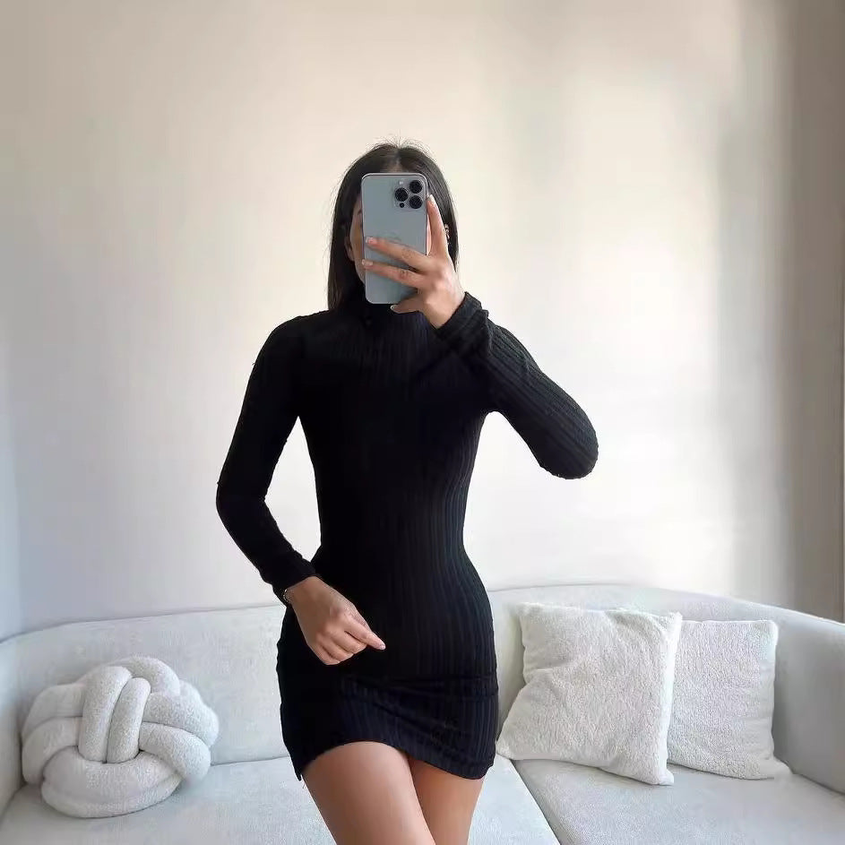Damen Enganliegendes Rippstrick-Minikleid mit Rollkragen und langen Ärmeln Chichicherry