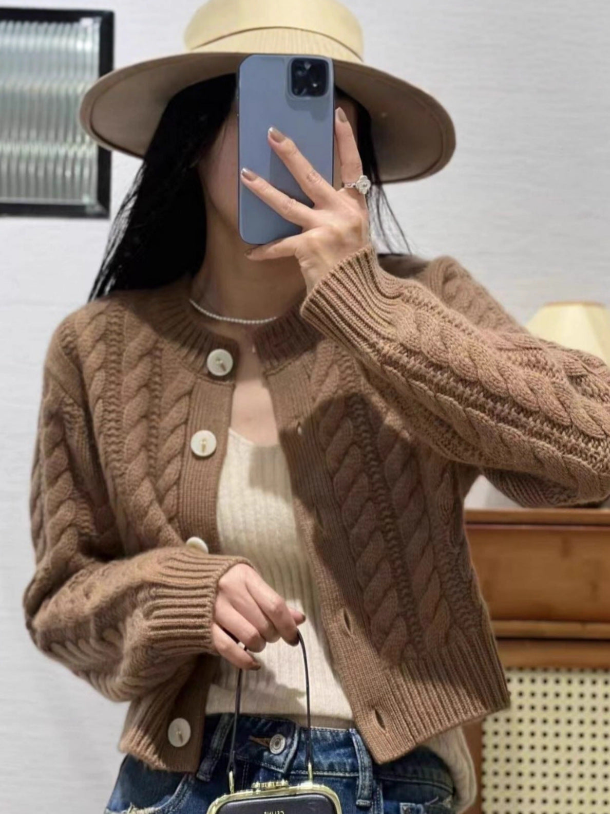 Women's Short Braid Knit Cardigan with Wide Ribbed Hem and Large Buttons Chichicherry