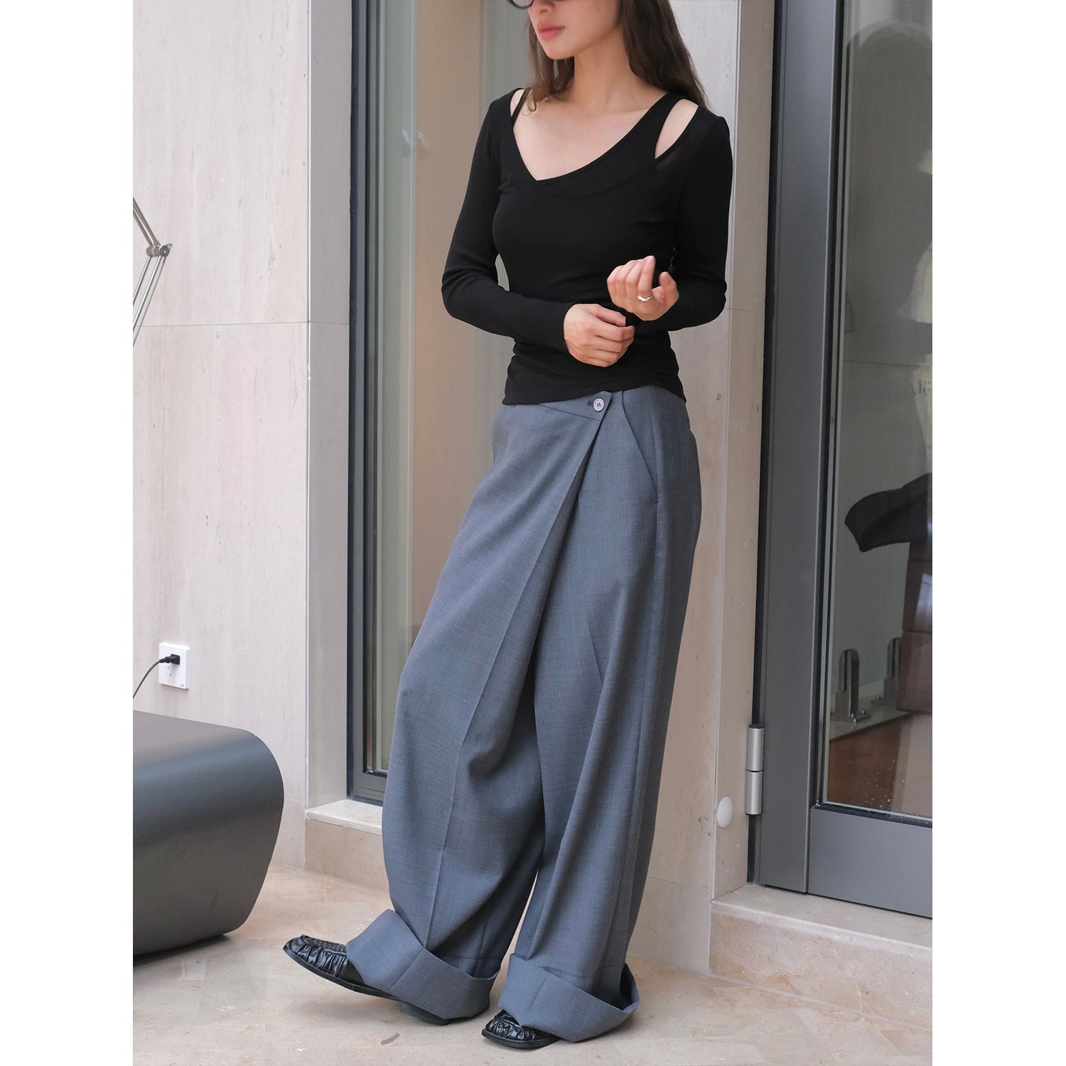 Women Asymmetric Long Sleeve with Double Neckline and Spaghetti Strap Detail Chichicherry