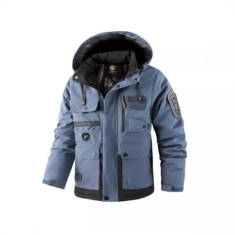 Men's multifunctional field jacket with hood and multi pockets, weatherproof softshell utility jacket Chichicherry