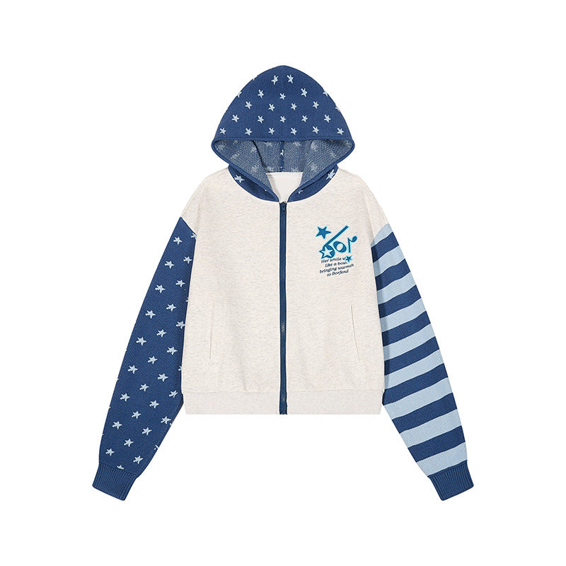 Women’s cropped hooded sweatshirt jacket with full zip, patterned sleeves and star motif Chichicherry