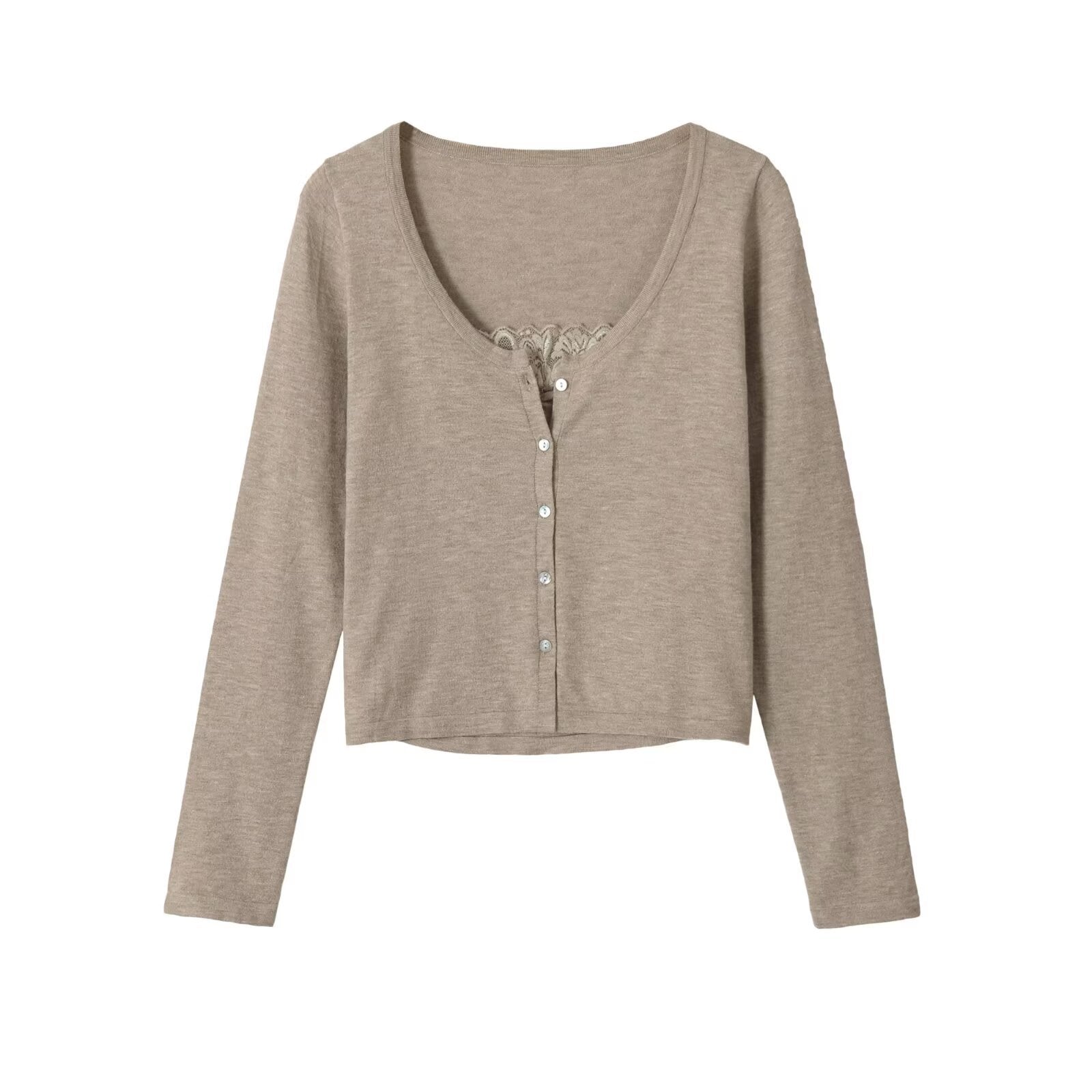 Women's short cardigan made of fine knit with V-neck, button placket, and lace insert Chichicherry