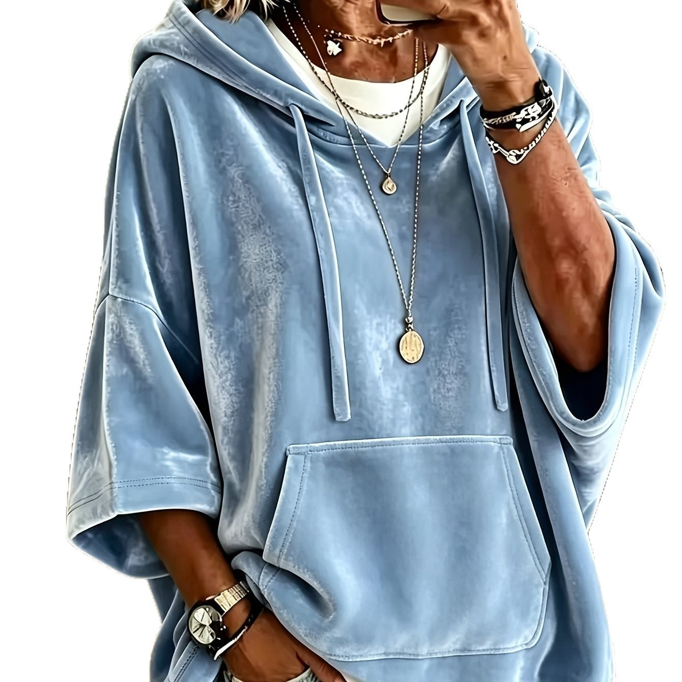 Women Oversize Velvet Hoodie with Three-Quarter Sleeves and Kangaroo Pocket Chichicherry