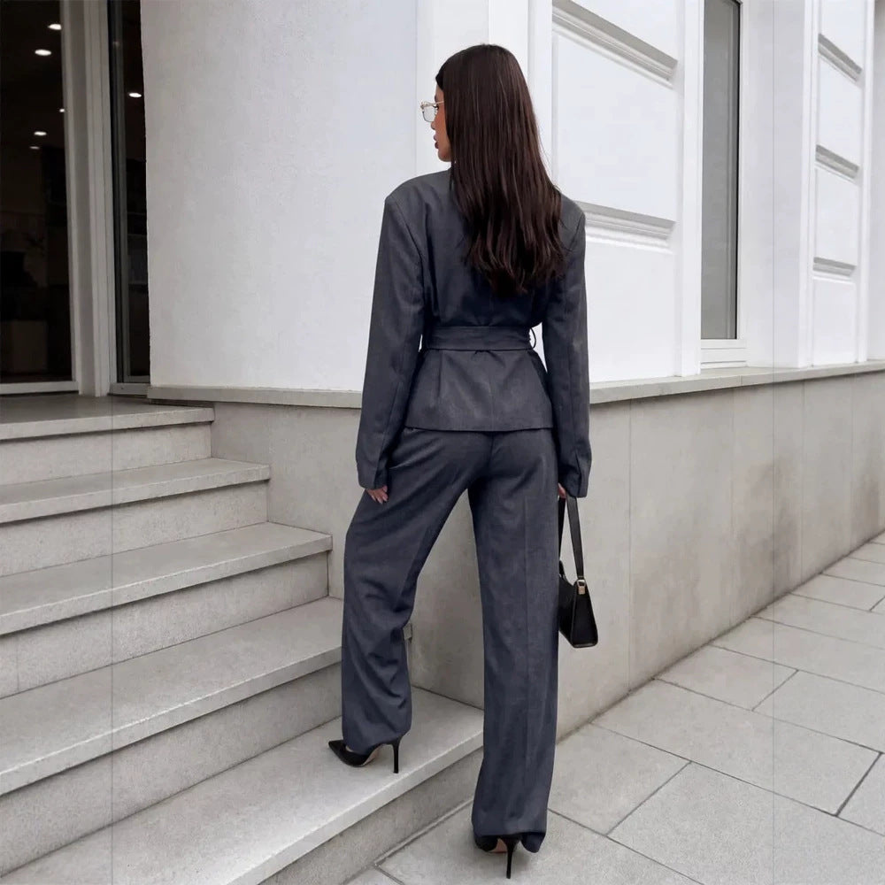 Women's Elegant Wrap Blazer Set with Waist Belt and Wide Pleated Trousers Chichicherry