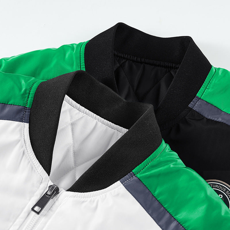 Men's Short Cut Nylon Bomber Jacket with Sporty Shoulder Piping, Logo Applications and Double Zipper Chichicherry