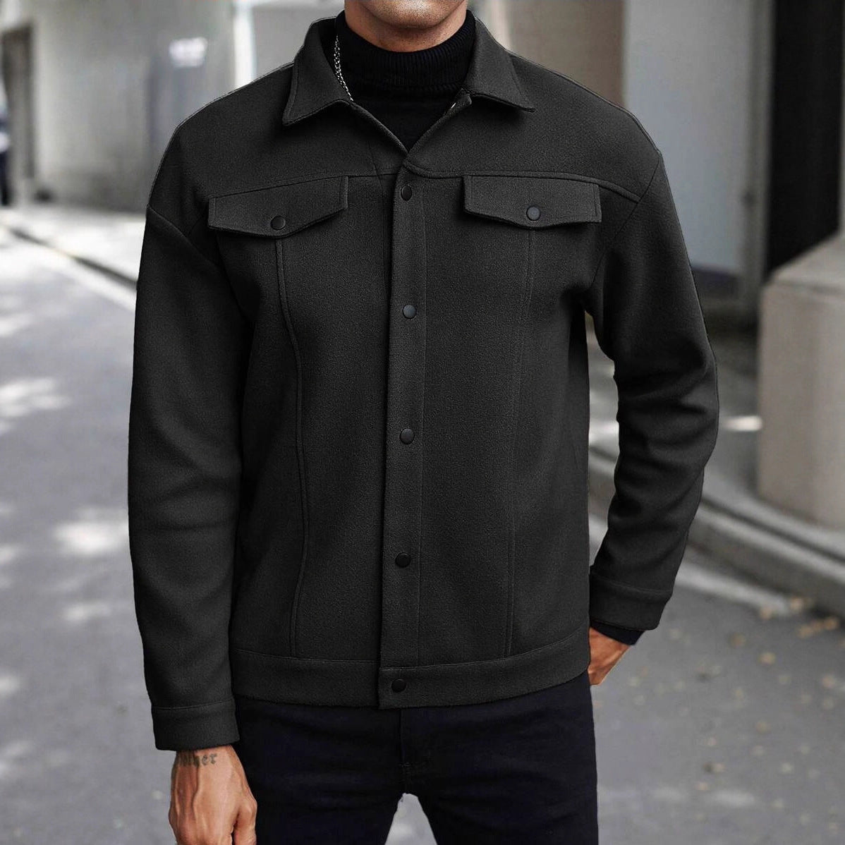 Men's Overshirt Jacket in Trucker Style with Wool Blend Look and Snap Buttons Chichicherry