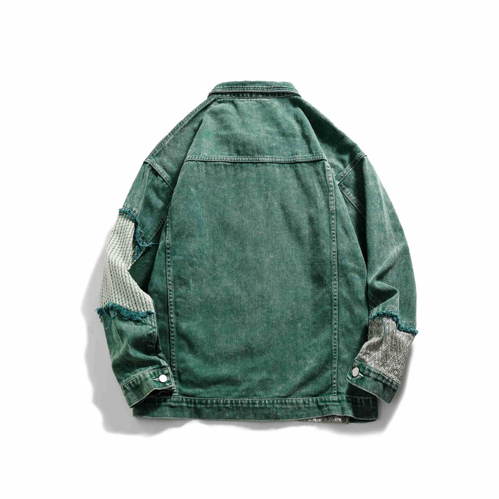 Unisex Patchwork Denim Jacket with Knitted Inserts and Frayed Edges Chichicherry