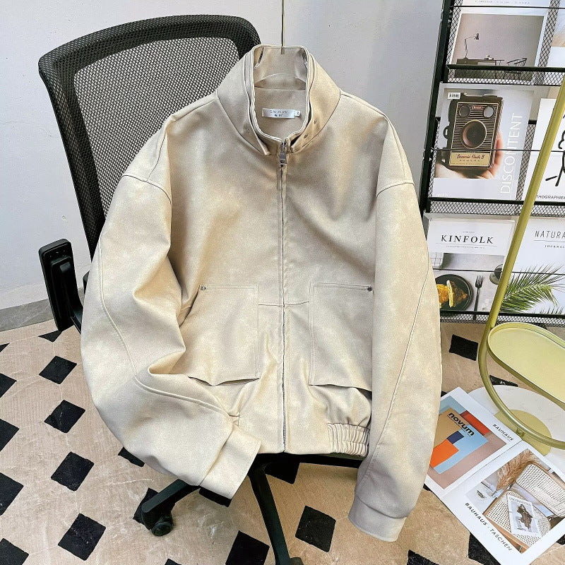 Herren kurze Stehkragenjacke aus Veloursleder-Imitat mit durchgehendem Reißverschluss Chichicherry