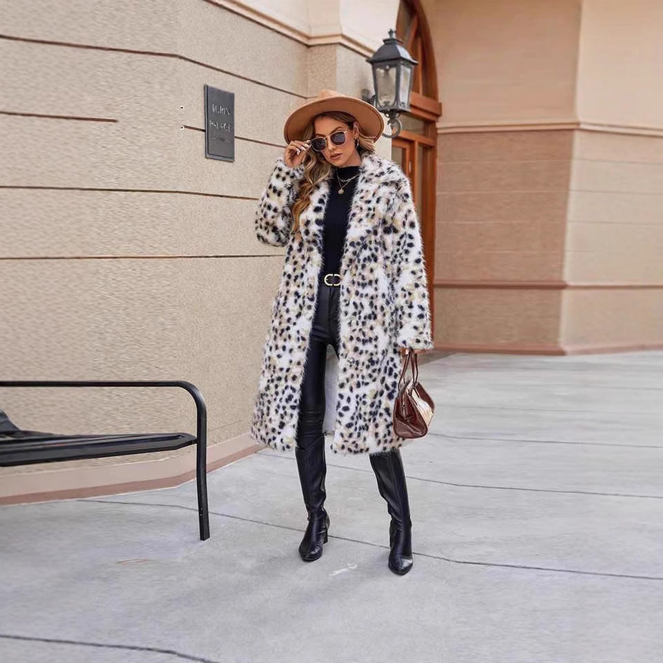 Ladies Midi Faux Fur Coat with Leopard Print, Tailored Tie Belt and Shawl Collar Chichicherry