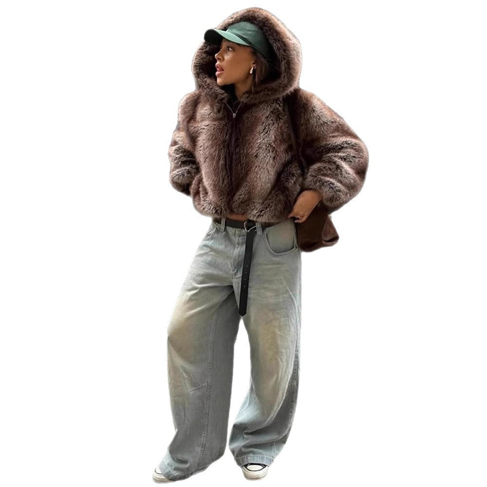 Women's Boxy Faux Fur Hoodie with Voluminous Hood and Loose Silhouette Chichicherry