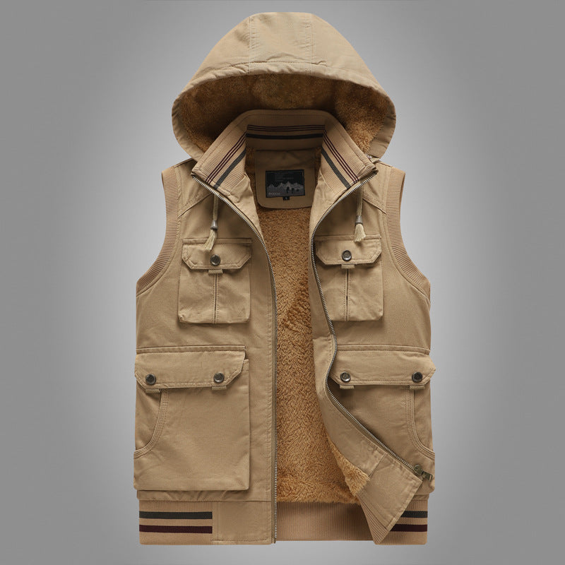 Men's hooded vest with teddy lining and multifunctional utility pockets Chichicherry