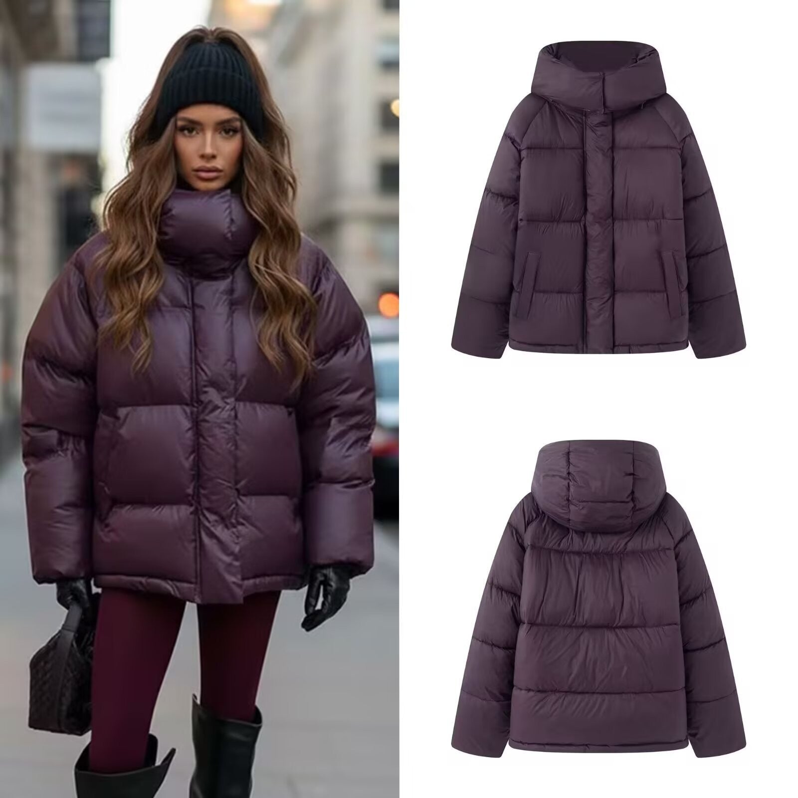 Ladies short padded oversized quilted jacket with high standing collar and hood Chichicherry