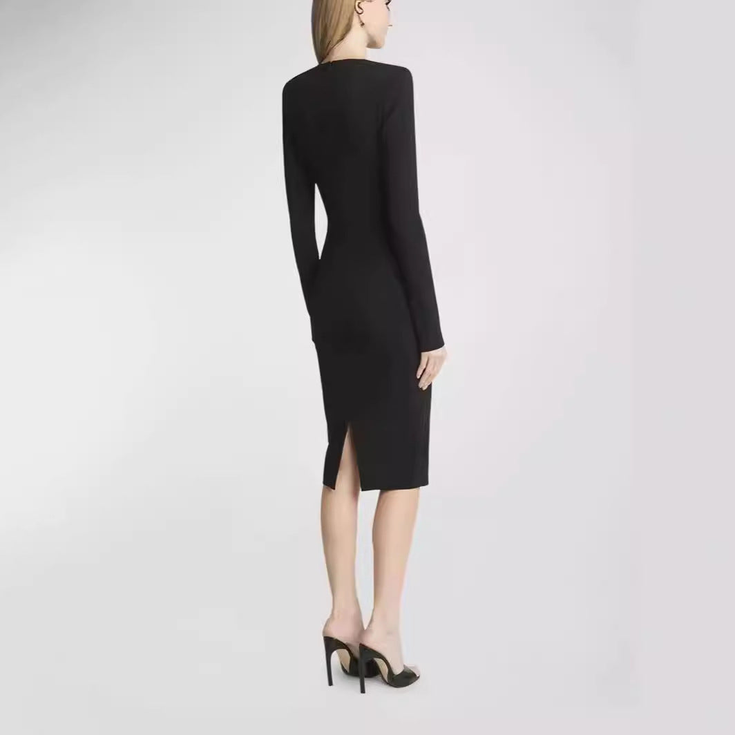Women's Figure-hugging Midi Dress with Round Neckline and Long Sleeves Chichicherry