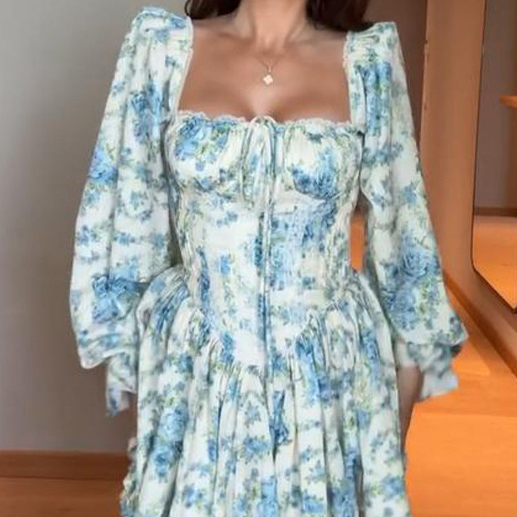 Ladies Corset Mini Dress with Puff Sleeves, Square Neckline and Tiered Ruffle Skirt Chichicherry