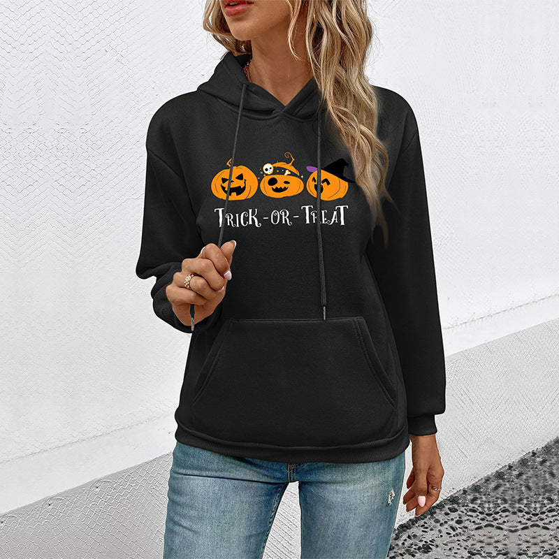 Women's hoodie with Halloween pumpkin print, hood and kangaroo pocket Chichicherry