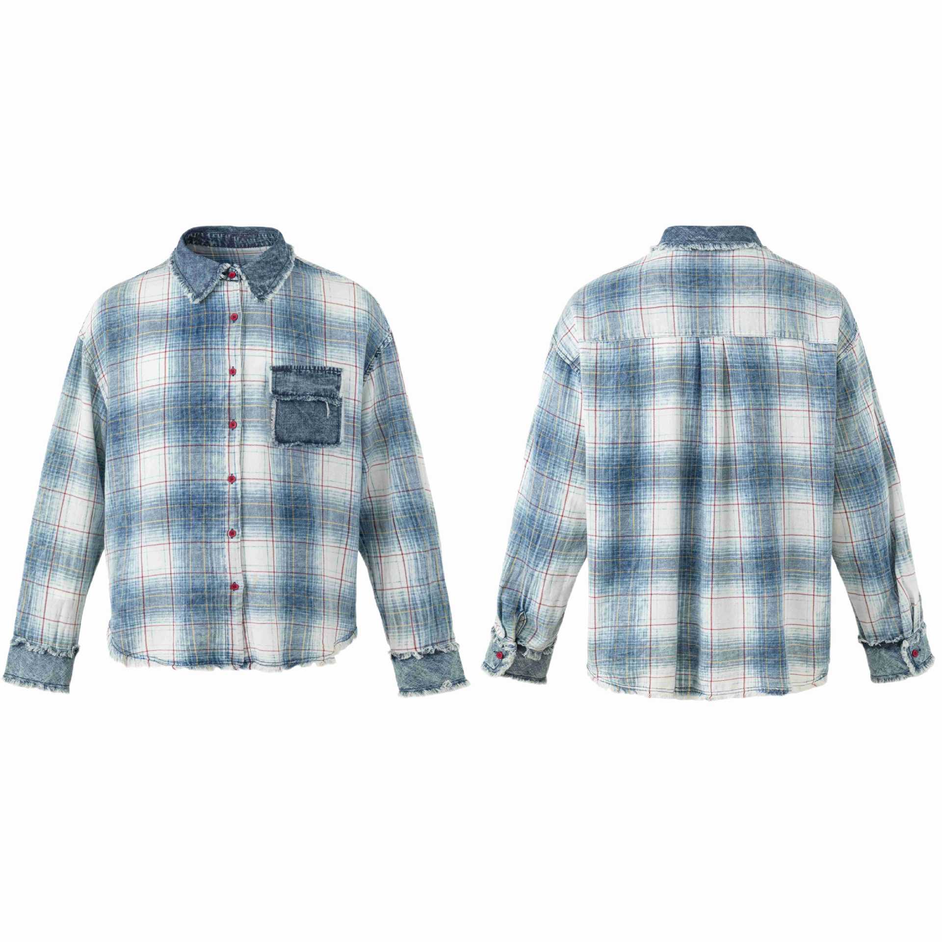 Women's Oversize Checked Shirt Jacket with Denim Applications and Frayed Edges Chichicherry