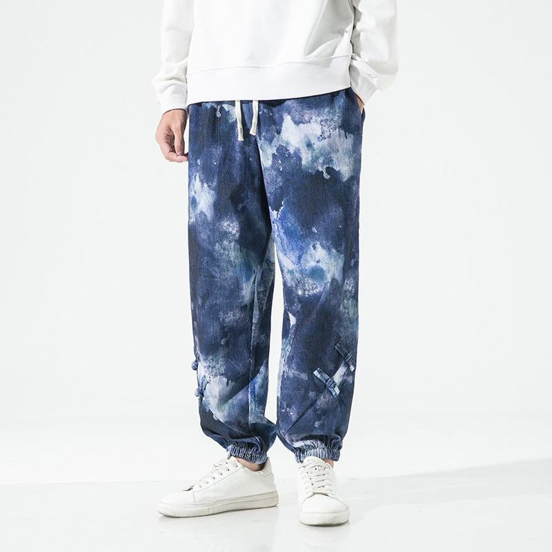 Men's Tie-Dye Baggy Jogging Pants with Drawstring, Elastic Cuffs and Decorative Straps Chichicherry