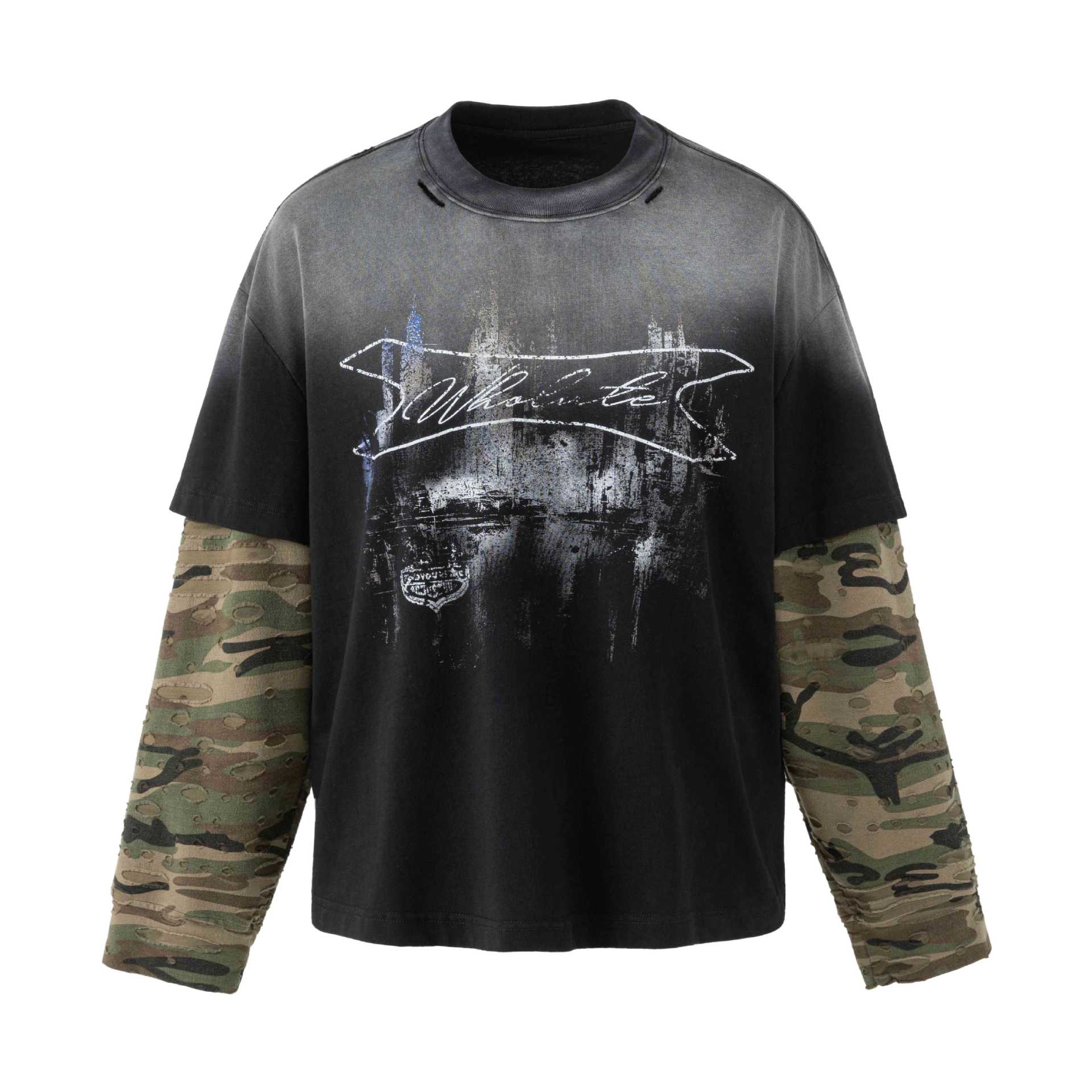 Men's loose-fitting layered look T-shirt with used effect and camouflage sleeves Chichicherry