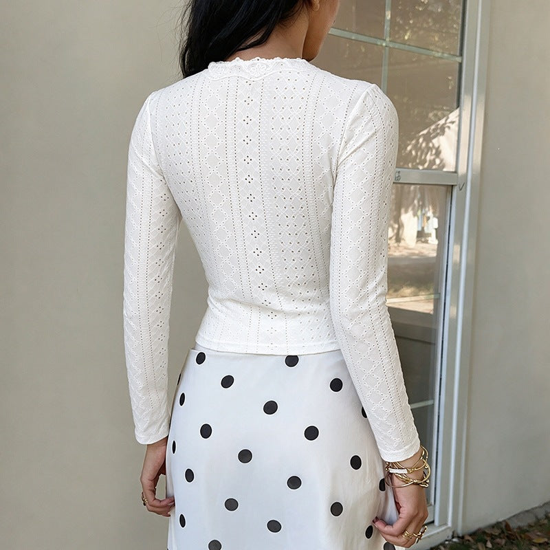 Women's Tailored Lace Embroidery Long Sleeve with V-Neck, Lace Hem, and Lacing Detail Chichicherry