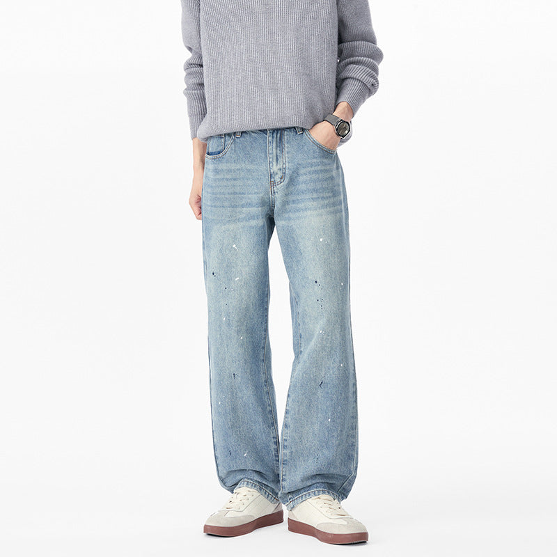 Men's Relaxed-Fit Denim Pants with Paint-Splatter and Straight Leg Chichicherry