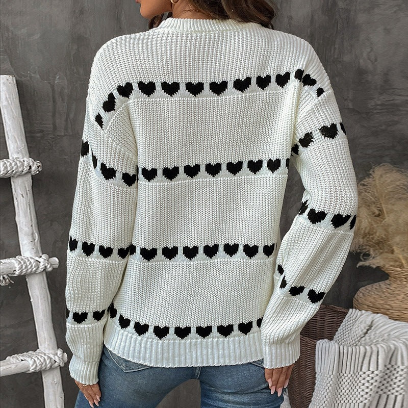 Women’s knit sweater with heart jacquard, round neckline, and casual oversized fit Chichicherry
