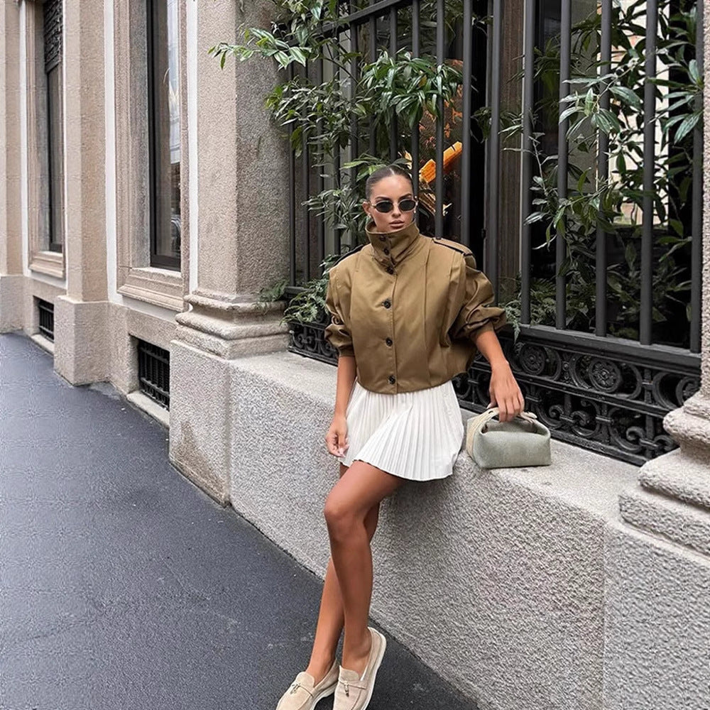 Women Cropped Trench Coat with boxy silhouette, epaulettes and pleat details Chichicherry