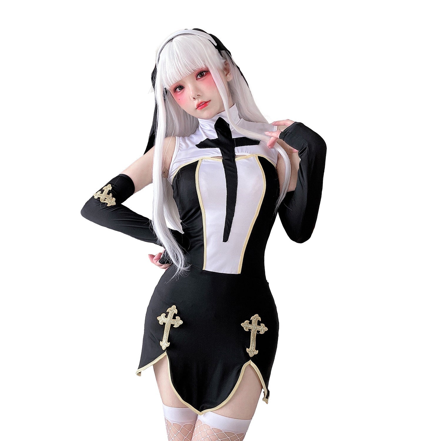 Women's Gothic Mini Dress with Lace Sleeves and Cross Details Chichicherry