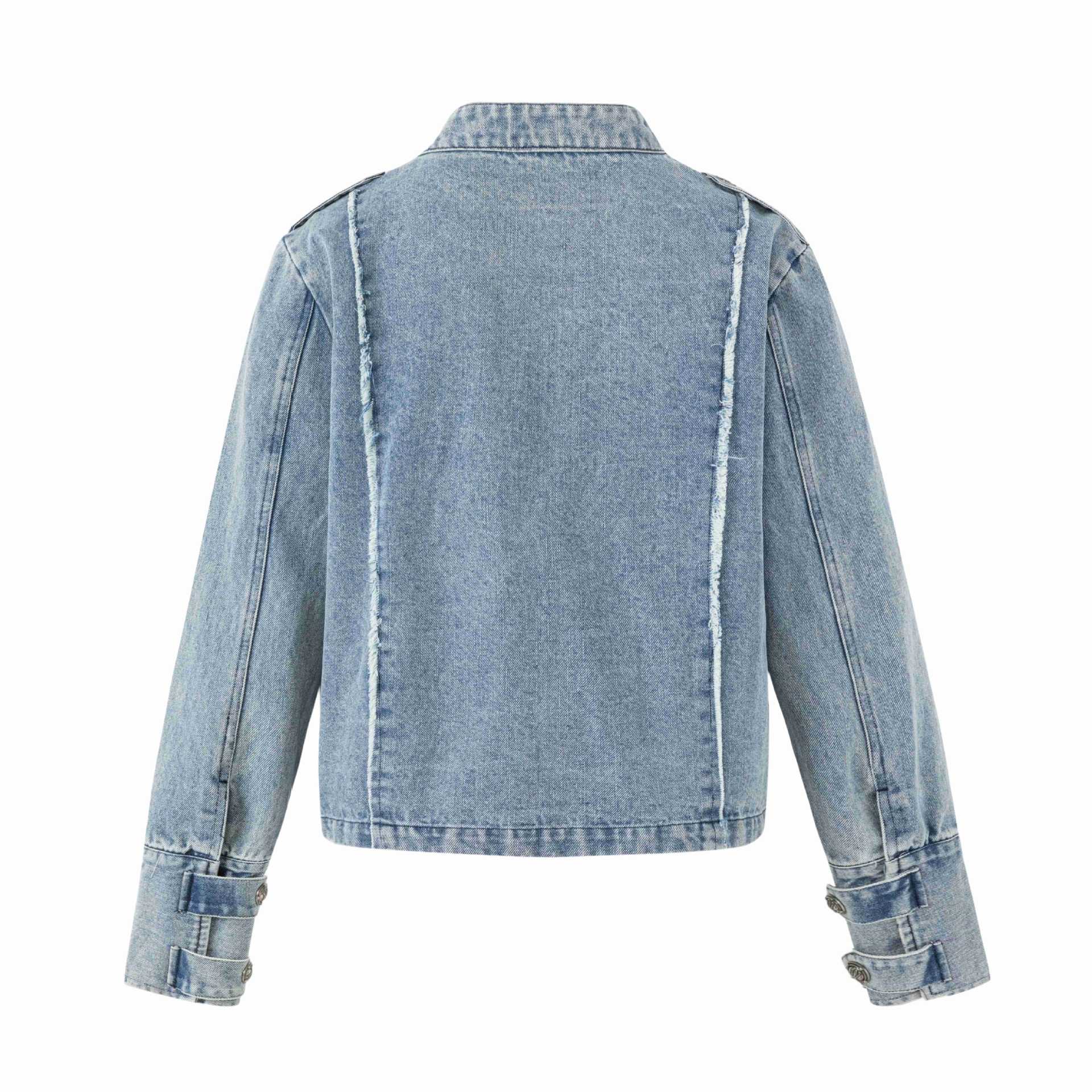 Women's denim blouson in military look with standing collar and decorative button placket Chichicherry