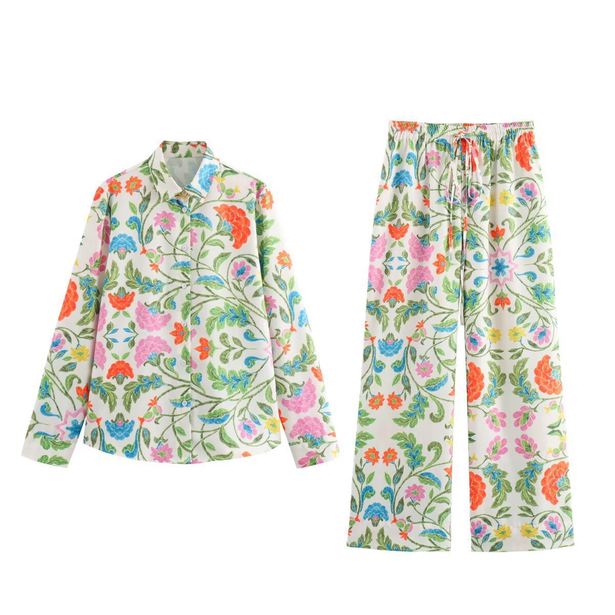 Women's wide palazzo pants with drawstring waistband and floral embroidery look Chichicherry