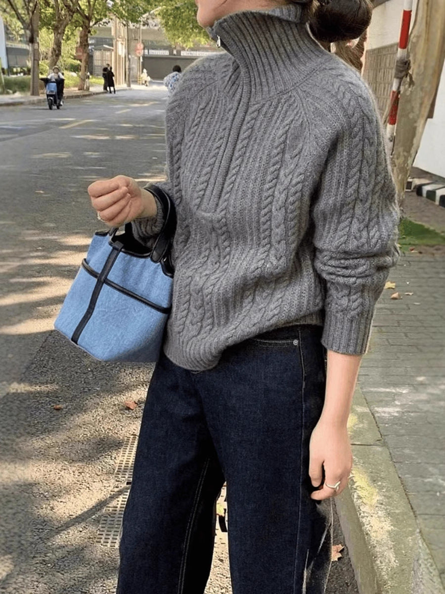 Ladies cable knit polo collar sweater with half zipper and soft mohair look Chichicherry