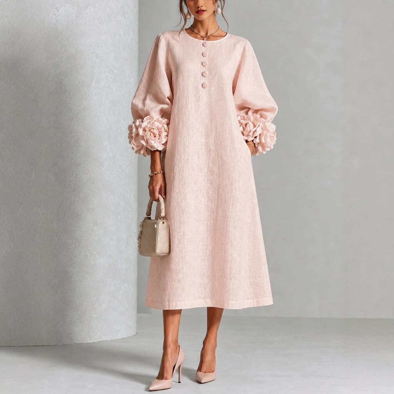 Women's midi dress in linen look with balloon sleeves and 3D flower cuffs Chichicherry