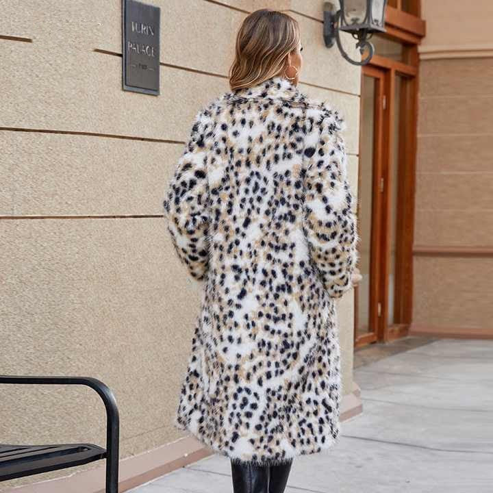 Ladies Midi Faux Fur Coat with Leopard Print, Tailored Tie Belt and Shawl Collar Chichicherry