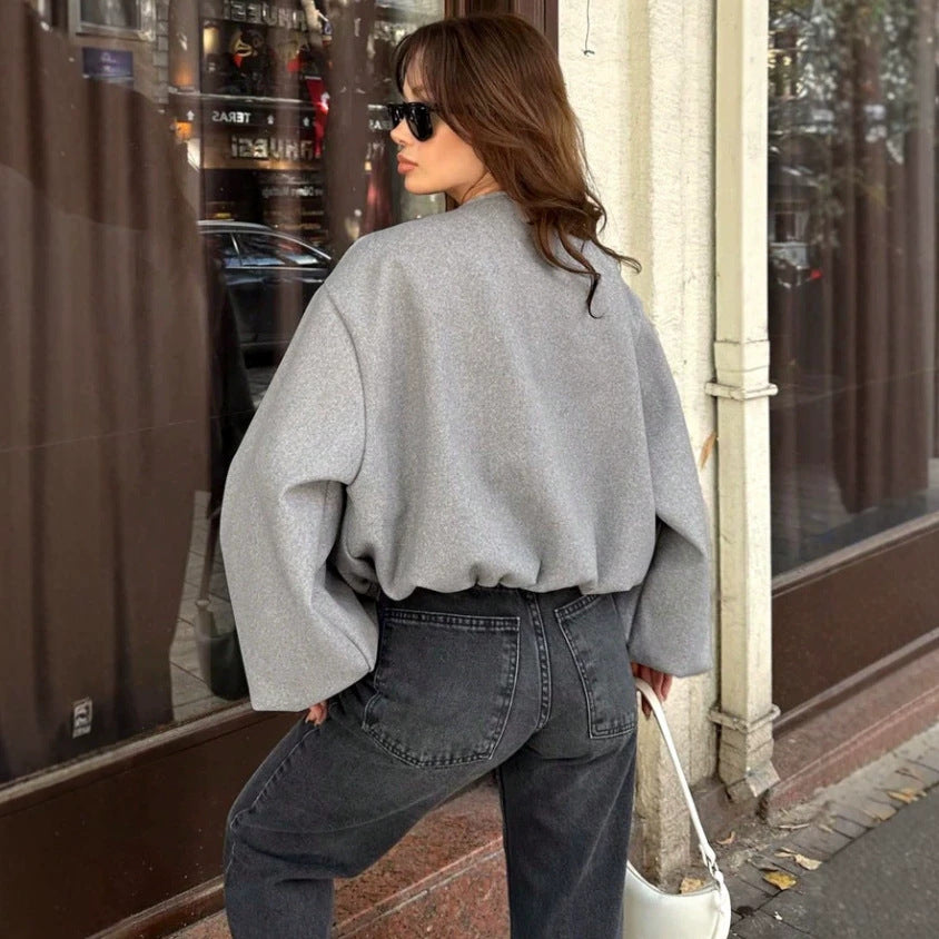 Women Short Cut Oversized Wool Blend Bomber Jacket with Balloon Sleeves and Zip Closure Chichicherry