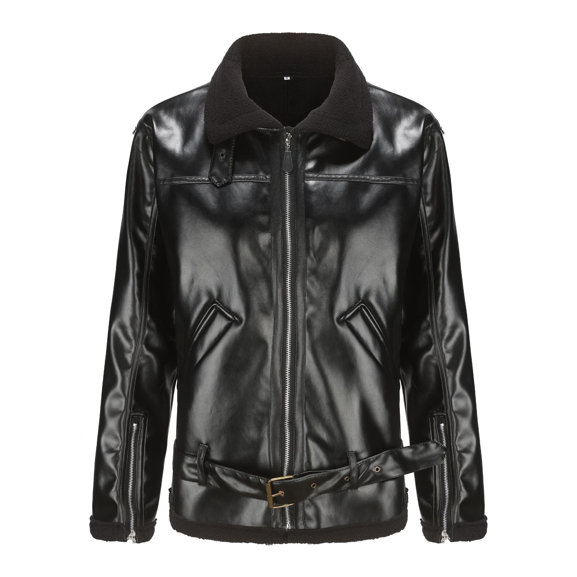 Men's faux leather aviator jacket with teddy lining, zip pockets, and waist belt Chichicherry