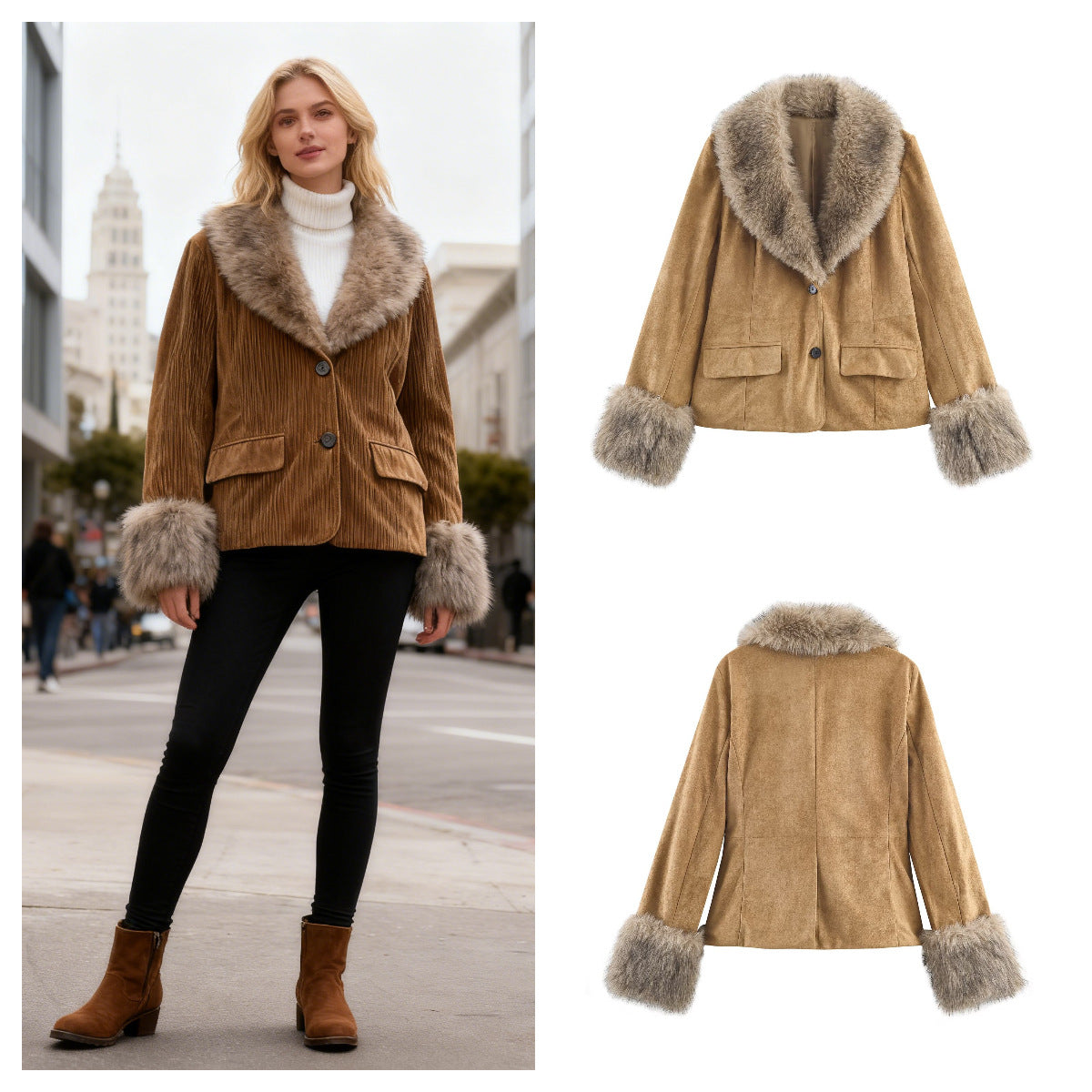 Women's short jacket made of faux suede with voluminous faux fur collar and fur cuffs Chichicherry