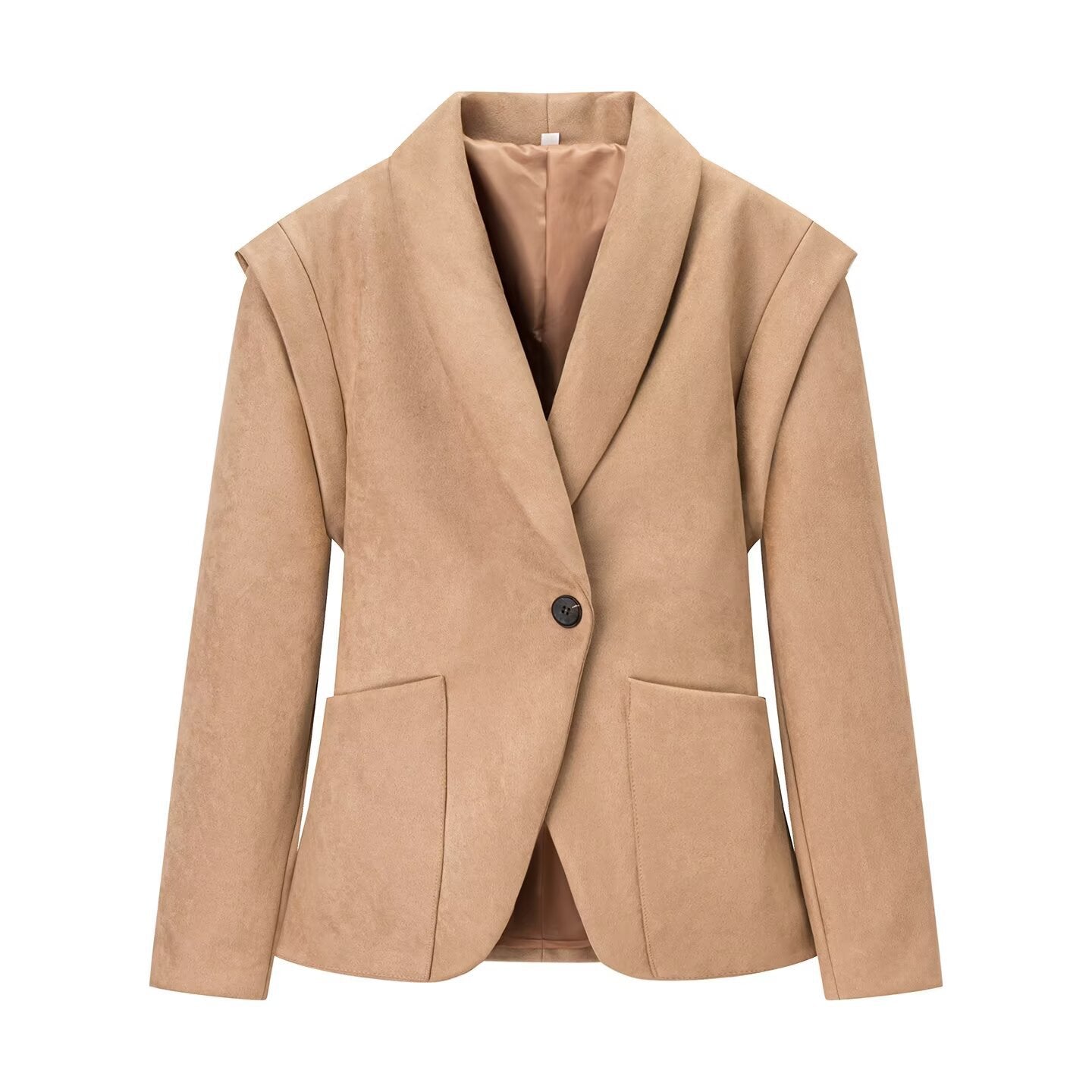Women Oversize Velvet Blazer with Shawl Collar, Single Button Closure and Patch Pockets Chichicherry