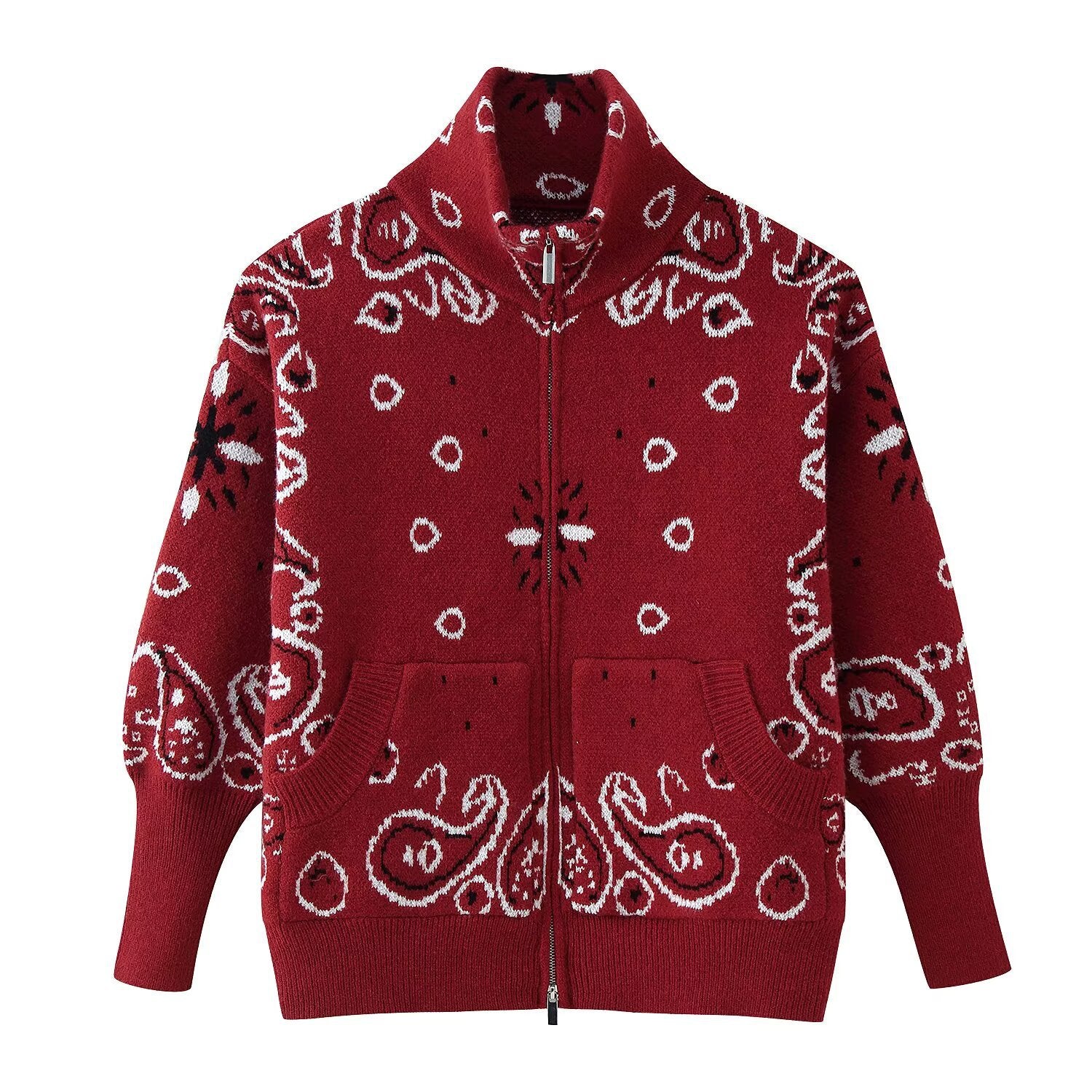 Women's chunky knit zip cardigan with stand-up collar and paisley jacquard Chichicherry