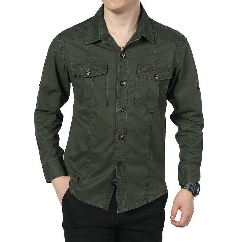 Men's Long-Sleeved Canvas Field Shirt with Chest Patch Pockets and Military Details Chichicherry