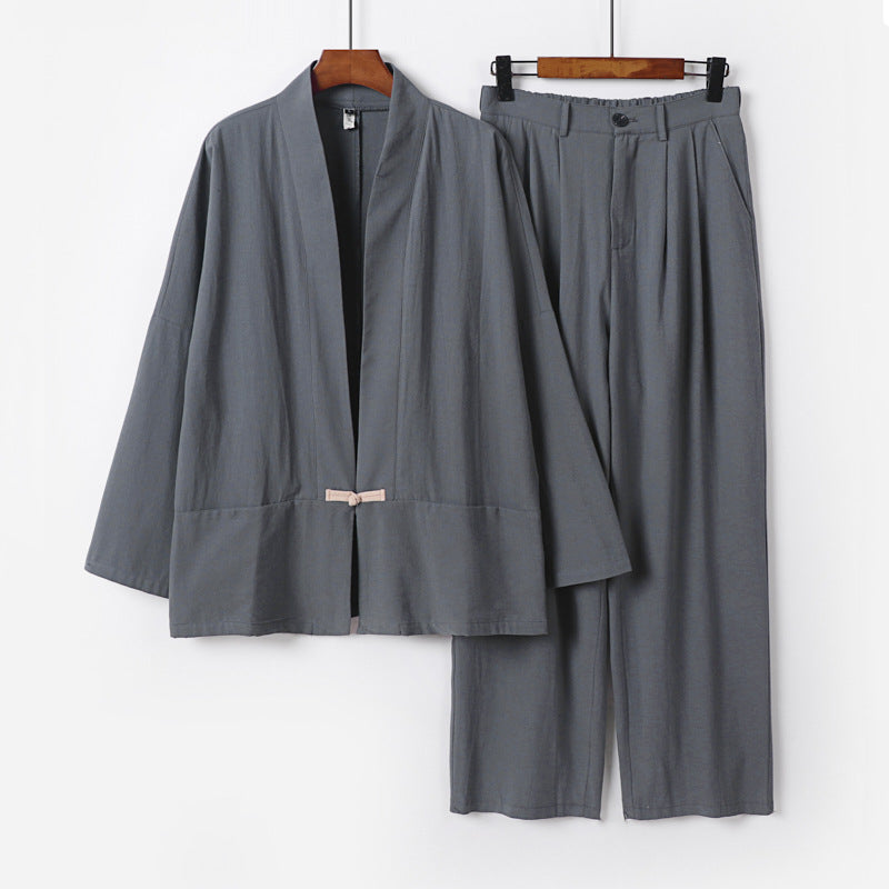 Women's Kimono Lounge Set made of lightweight viscose-linen with decorative toggle closure and wide waistband pants Chichicherry