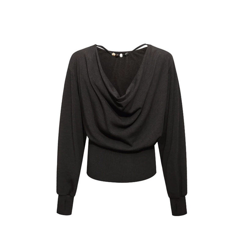Women Draped Long Sleeve Top with Waterfall Collar, Open Back Strap and Fitted Ribbed Hem Chichicherry