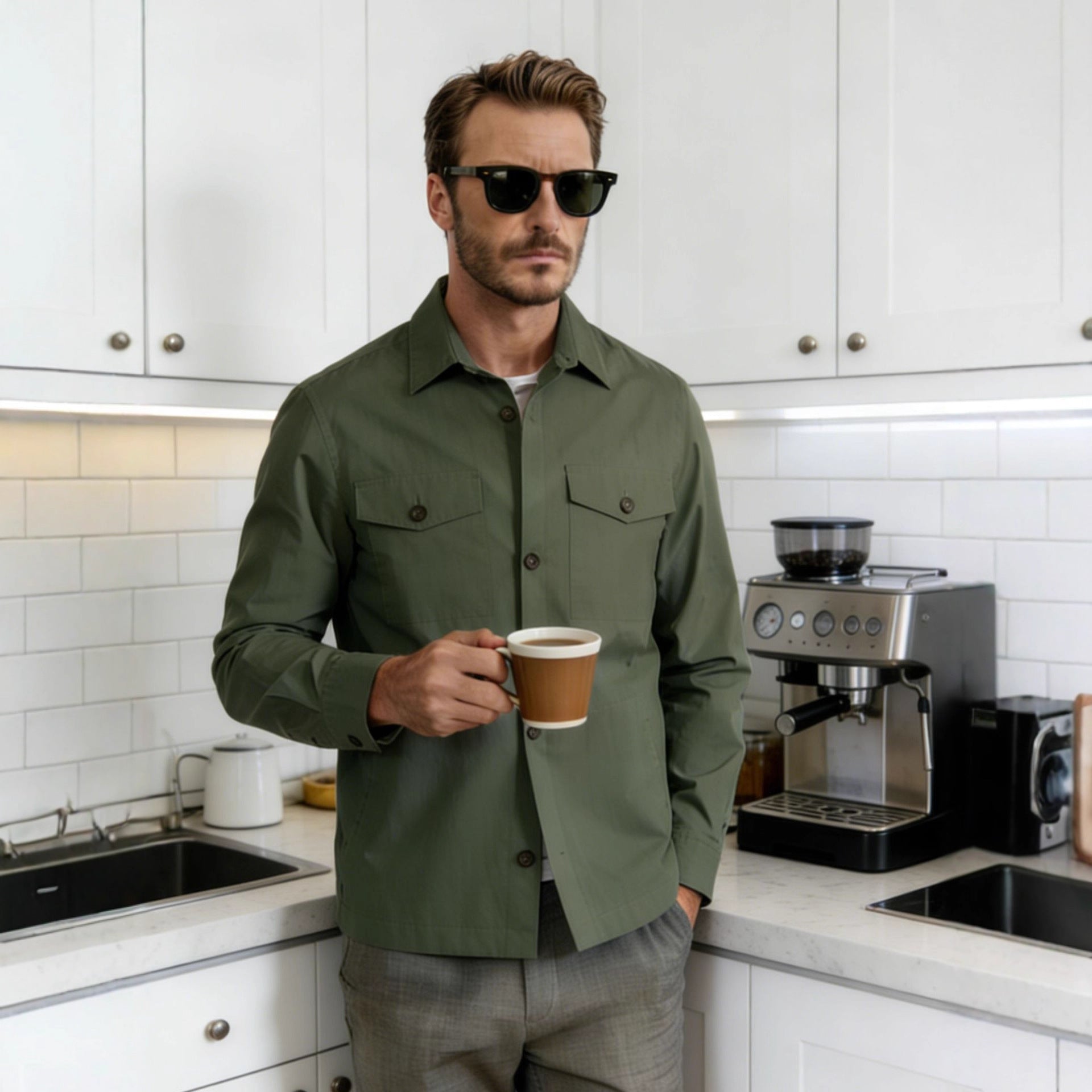 Herren Overshirt-Hemdjacke mit Pattentaschen und klassischem Hemdkragen Chichicherry