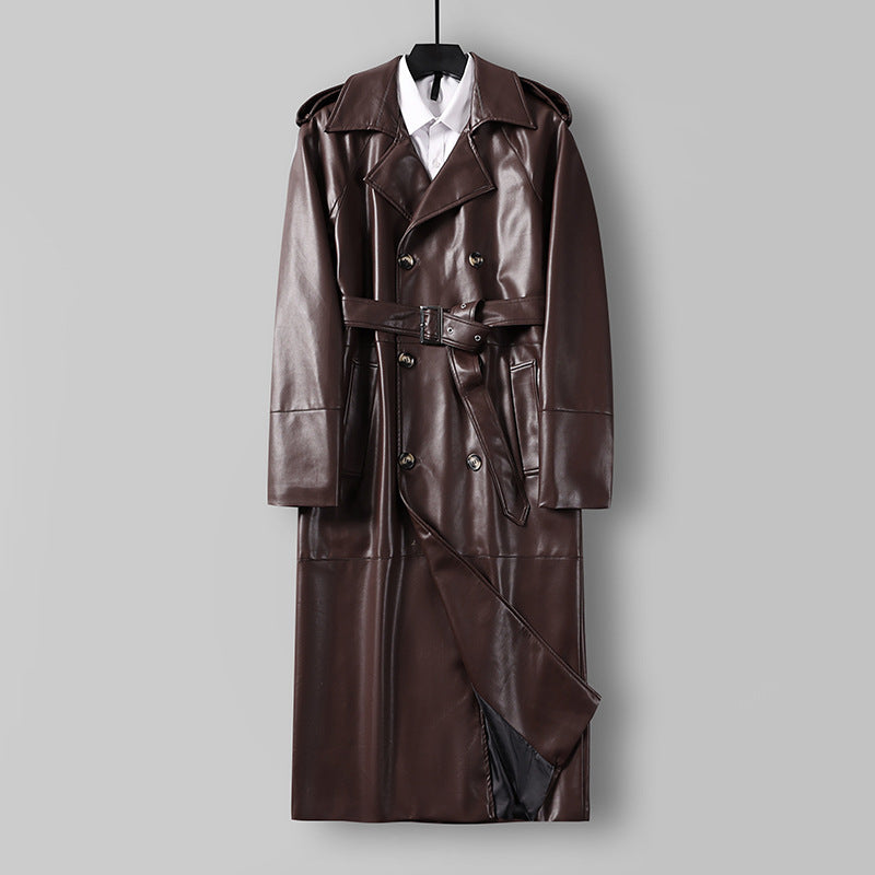 Men's Long Faux Leather Trench Coat with Double Breasted, Belted Waist and Epaulettes Chichicherry