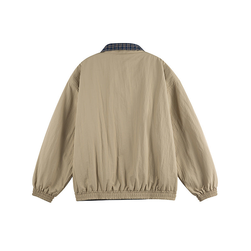 Unisex Lightweight Oversized Zip Jacket in Bomber Style with Checkered Collar and Elastic Cuffs Chichicherry