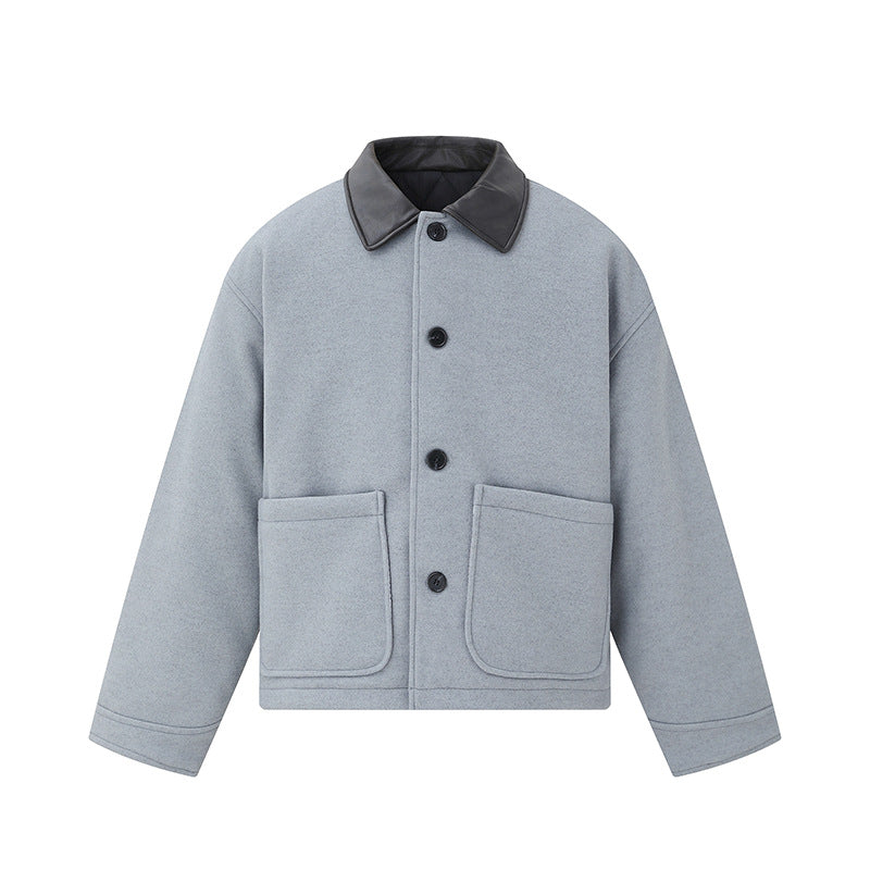 Unisex Short Blouson in minimalist Workwear look made of wool blend with leather look collar Chichicherry