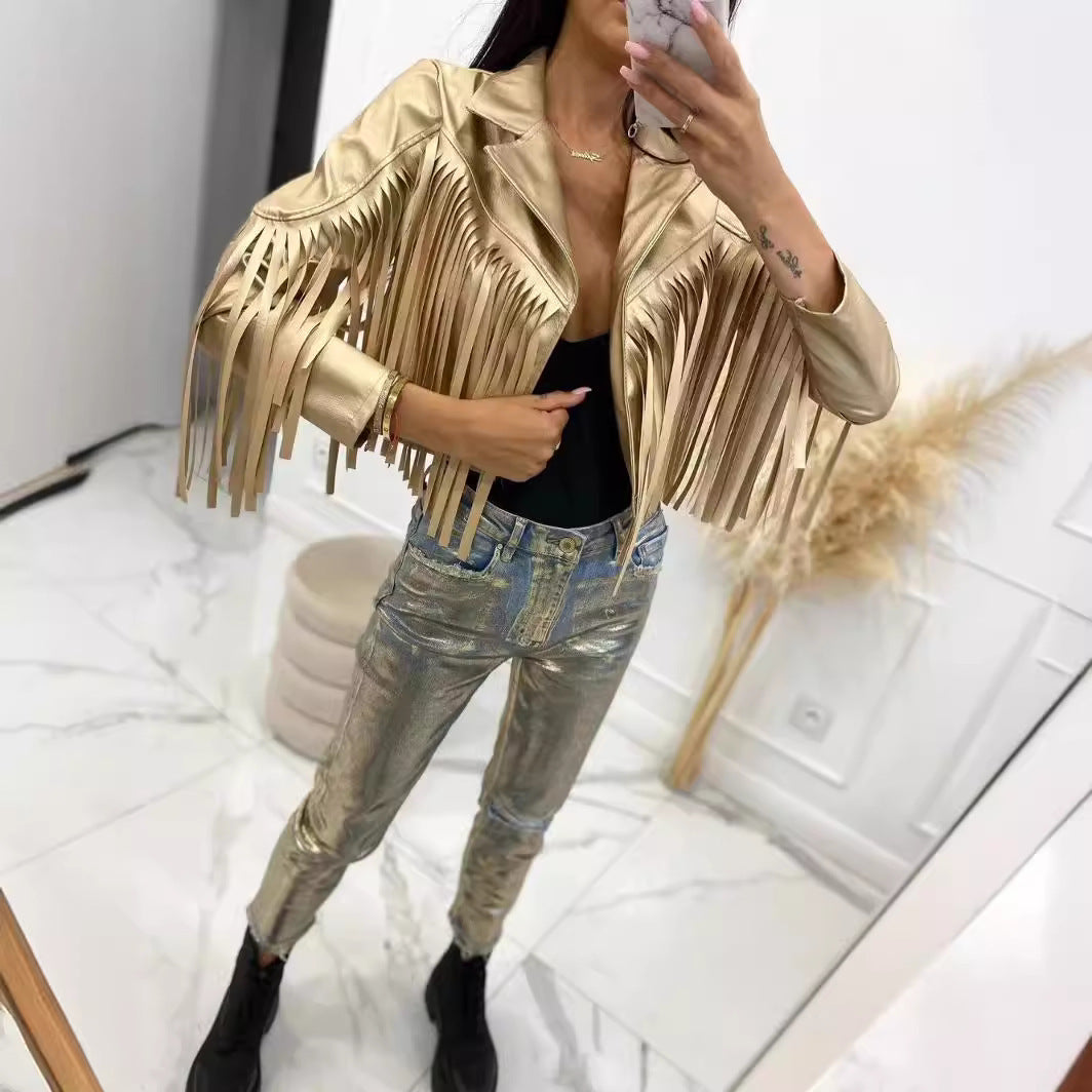 Women’s short jacket in biker style with metallic look and long leather fringes Chichicherry
