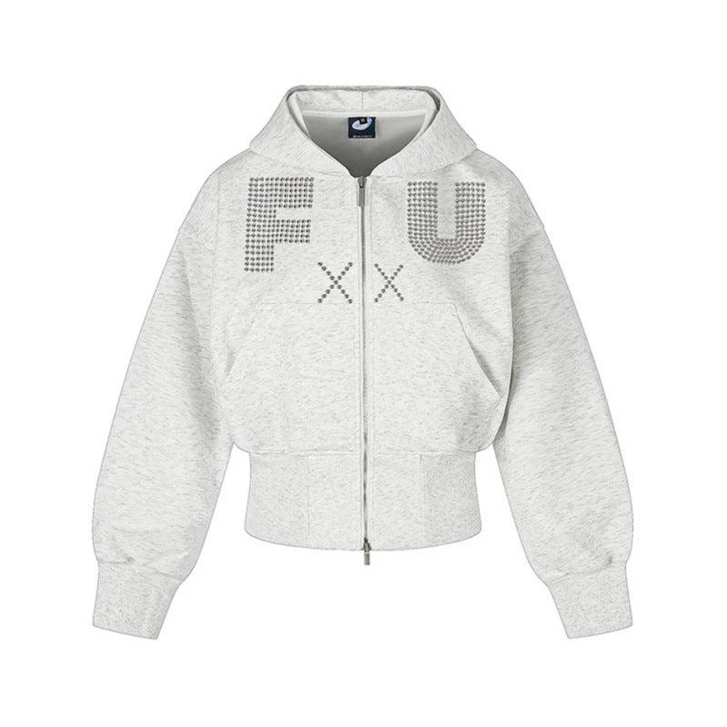 Ladies Short Hooded Sweat Jacket with Full Zip, Wide Ribbed Hem and Rhinestone Logo Chichicherry